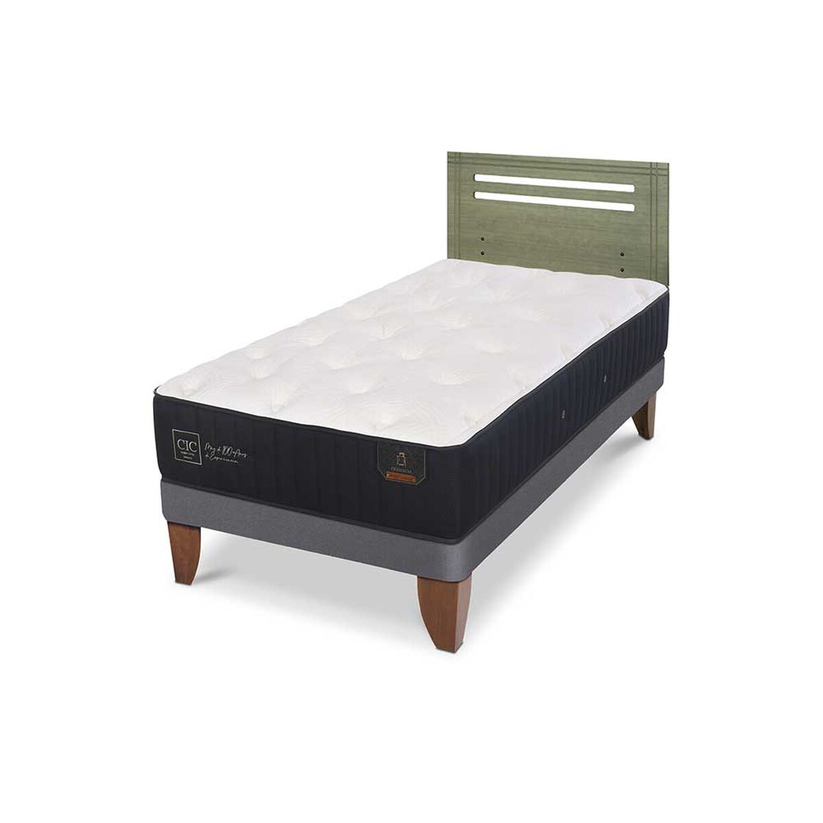 Cama Europea CIC 1,5 Plazas Premium + Respaldo Munich Olivo
