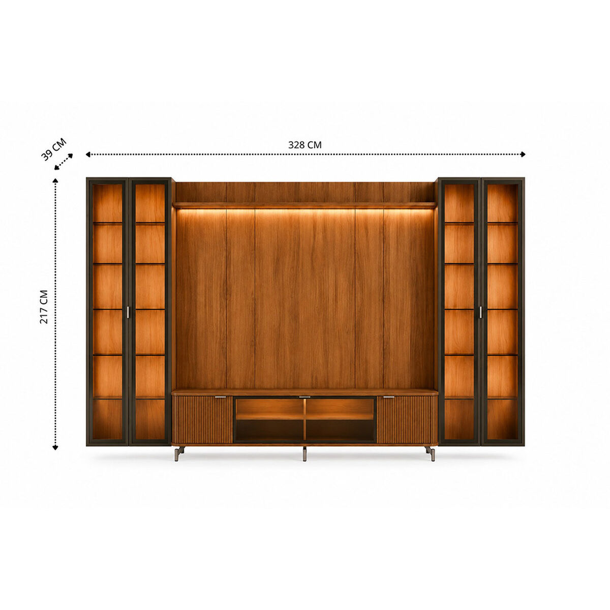 Rack TV 80" + Panel Neon Float LED + 2 Vitrinas 2 Puertas Decocasa Canela