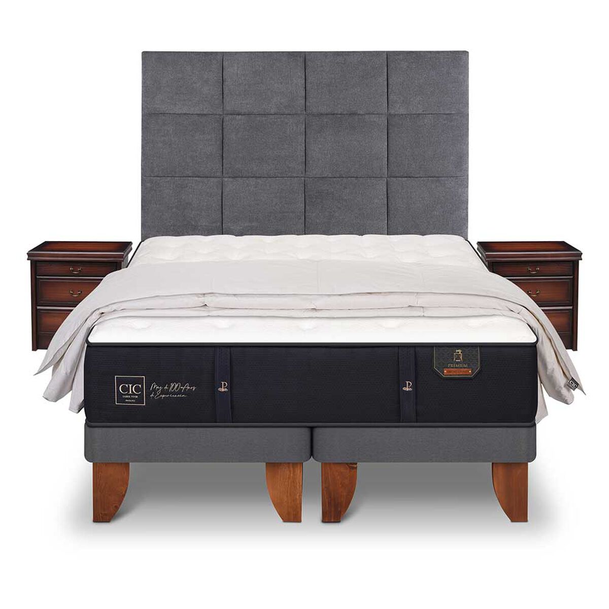 Cama Europea CIC Base Dividida S&uacute;per King Premium + Respaldo + Veladores + Plum&oacute;n Ganso