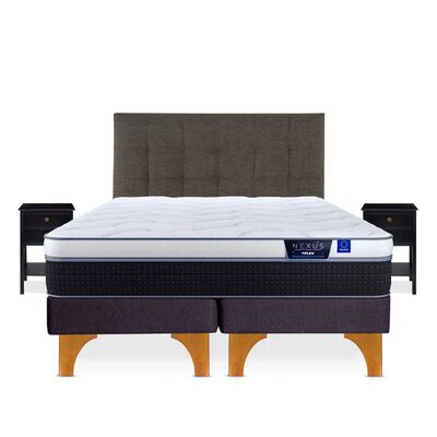 Cama Europea Flex King Nexus Base Dividida + Respaldo Design Grafito + Veladores Rover