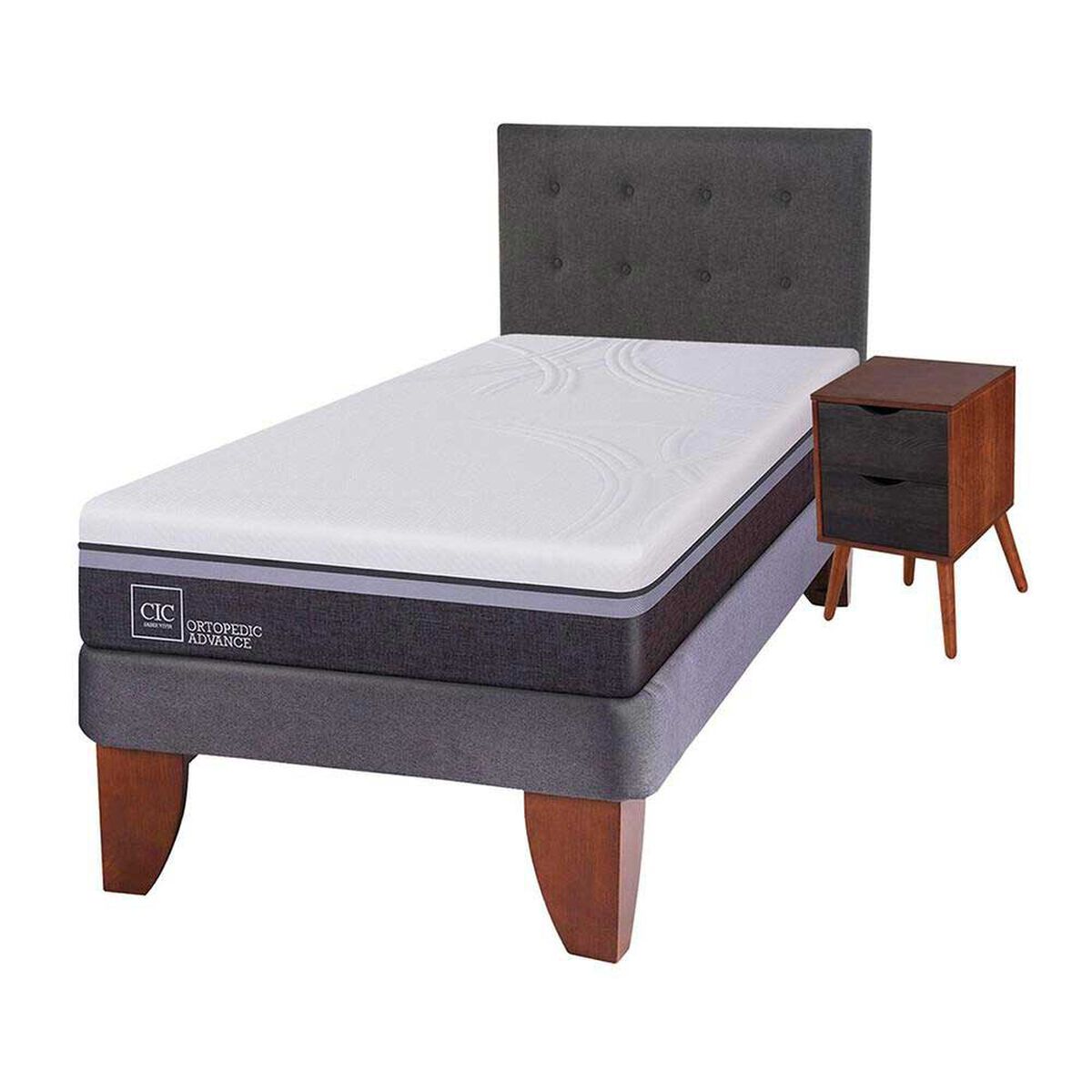 Cama Europea CIC 1,5 Plazas Ortopedic Advance + Respaldo + Velador Eufrates