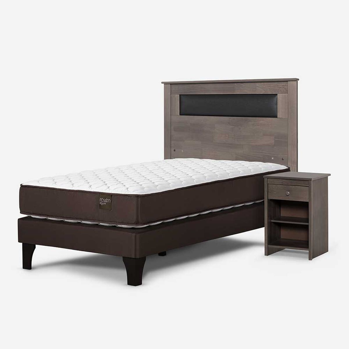 Cama Europea Rosen 1,5 Plazas New Ergo T + Respaldo Ferrera Gris + Velador