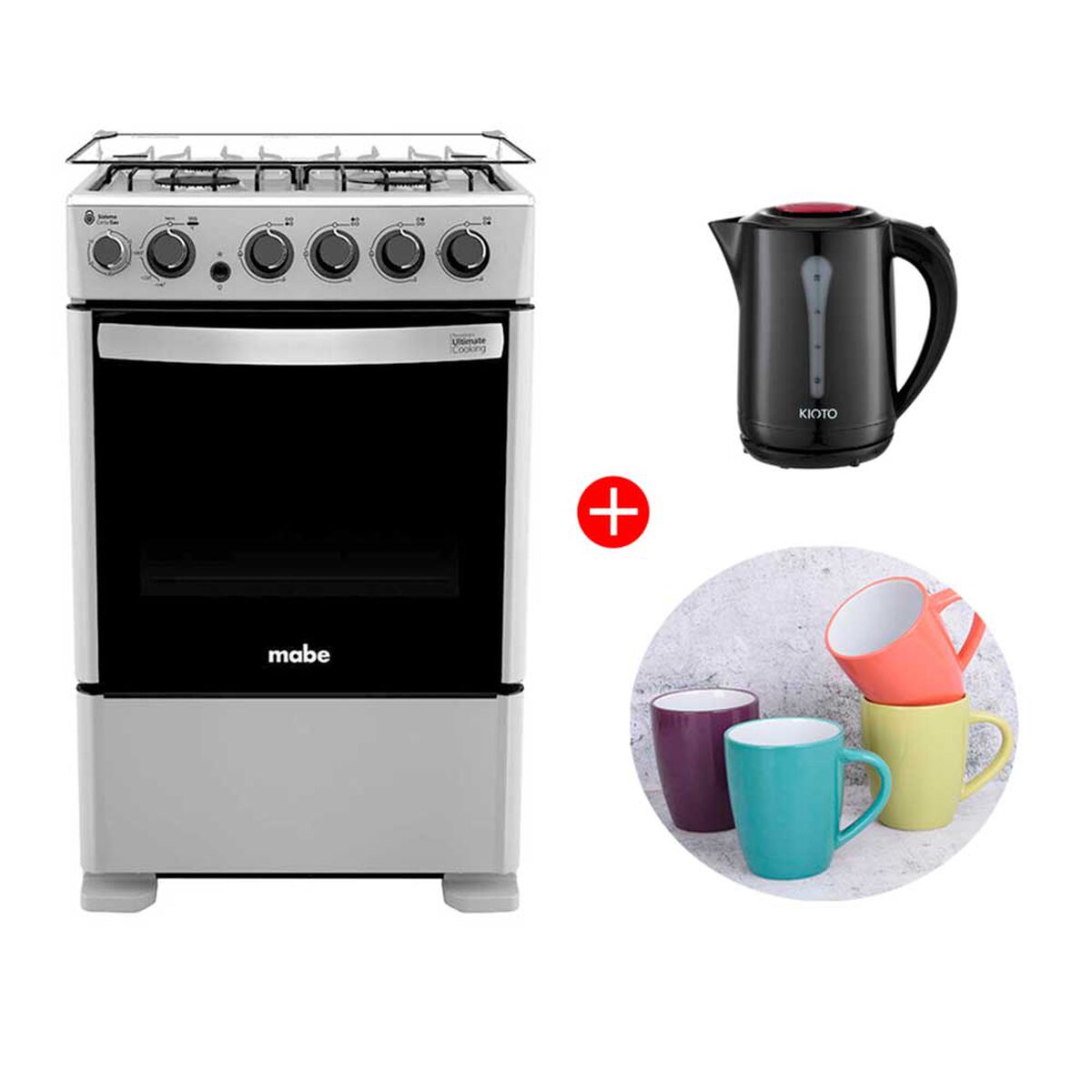 Combo Cocina a Gas Mabe CMC5530AG0 4 Quemadores + Hervidor El&eacute;ctrico Kioto Toyama 2,5 lts. + Set 4 Mugs Casanova Cer&aacute;mica Multicolor