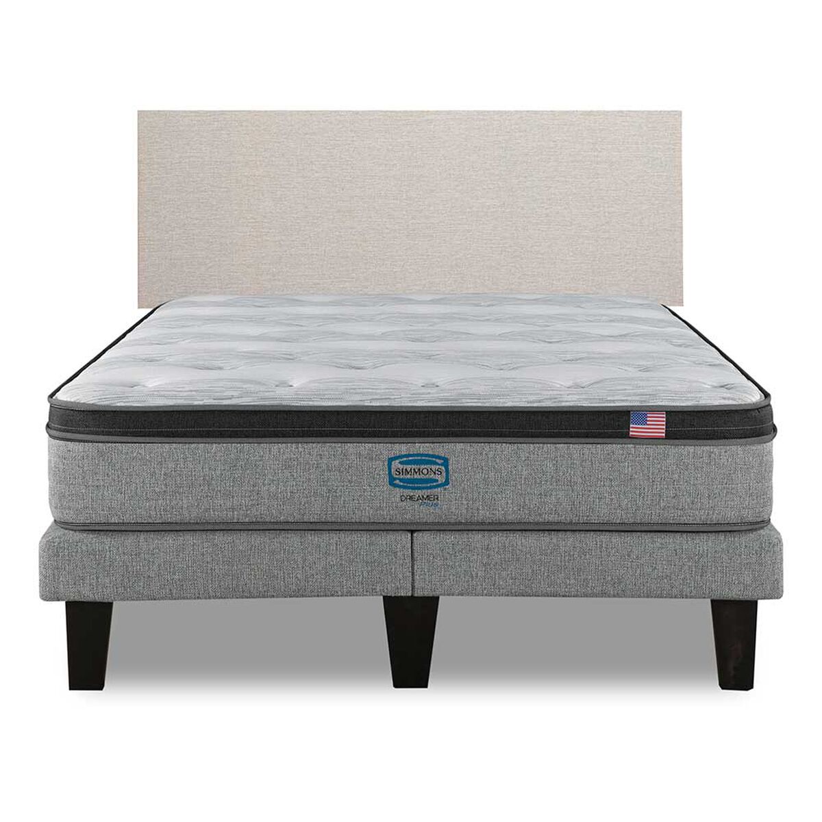 Cama Europea Simmons 2 Plazas Dreamer Plazasus Box + Respaldo Praga Arena