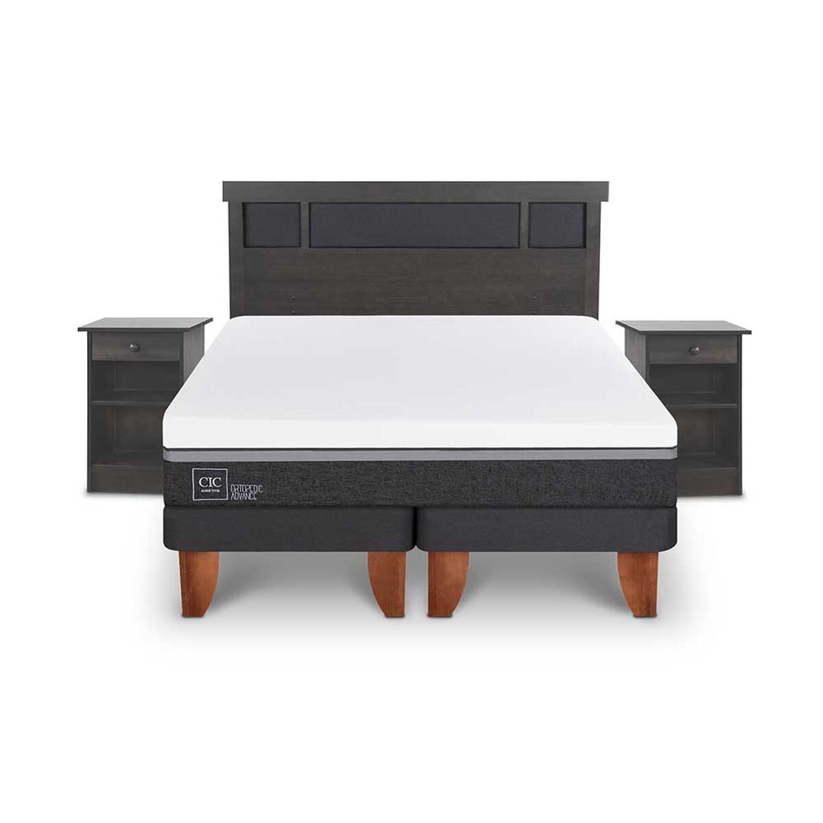 Cama Europea CIC Base Dividida King Ortopedic Advance + Respaldo + 2 Veladores Dublin