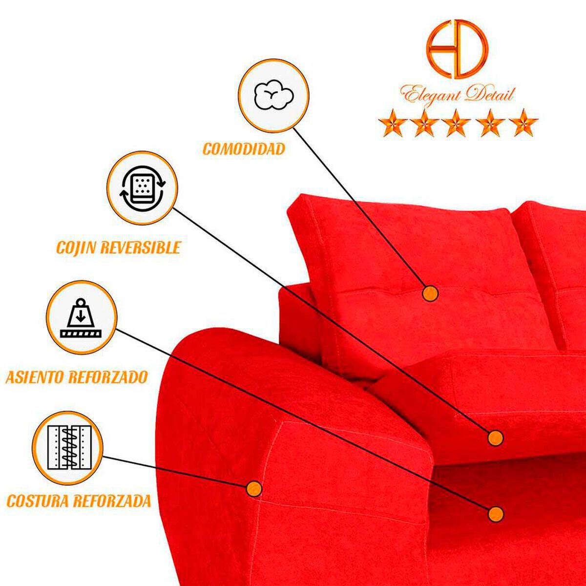 Seccional Izquierdo Elegant Houston Cheise Tela 5 Cuerpos Rojo