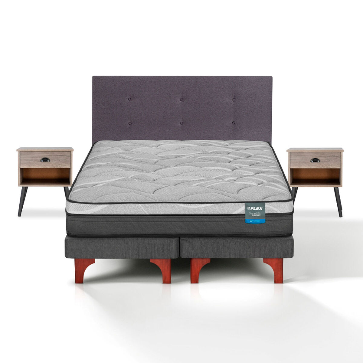 Cama Europea Flex 2 Plazas Dream Pocket Box B/D + Respaldo Royal Grafito + Velador Rock