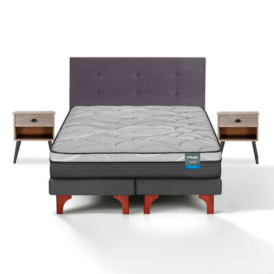 Cama Europea Flex 2 Plazas Dream Pocket Box B/D + Respaldo Royal Grafito + Velador Rock
