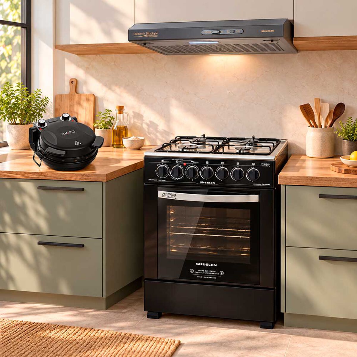 Combo Cocina a Gas Sindelen 4 Platos CH-600NG + Campana Sindelen CA-606NG + Horno para Pizza Kioto Osaka
