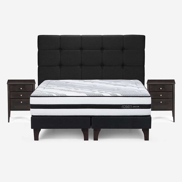 Cama Europea Rosen Base Dividida 2 Plazas Driven + Respaldo + 2 Veladores Issey