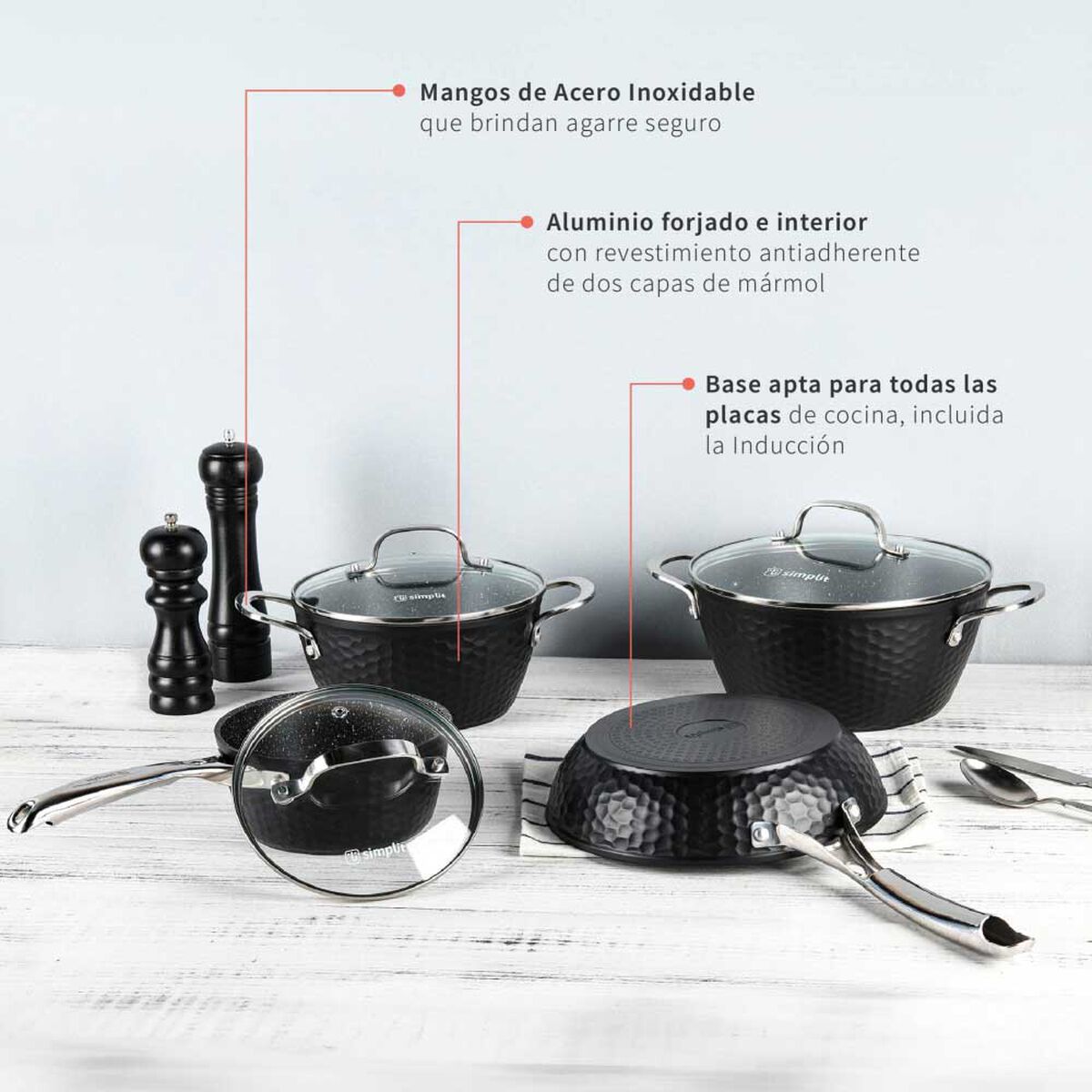 Pack Batería de Cocina Copper 7 Piezas + Set 12 Utensilios Negro Simplit