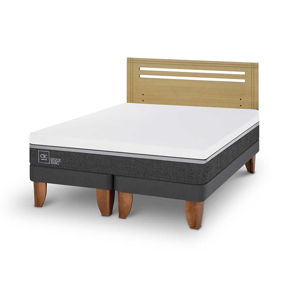 Cama Europea CIC Base Dividida 2 Plazas Ortopedic Advance + Respaldo Munich Mostaza