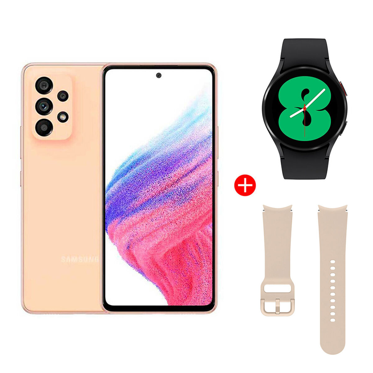 Combo Celular Samsung Galaxy A53 5G 128GB 6,5" Awesome Peach Liberado + Smartwatch Galaxy Watch4 40mm Black + Correa Smartwatch Galaxy Watch Pink