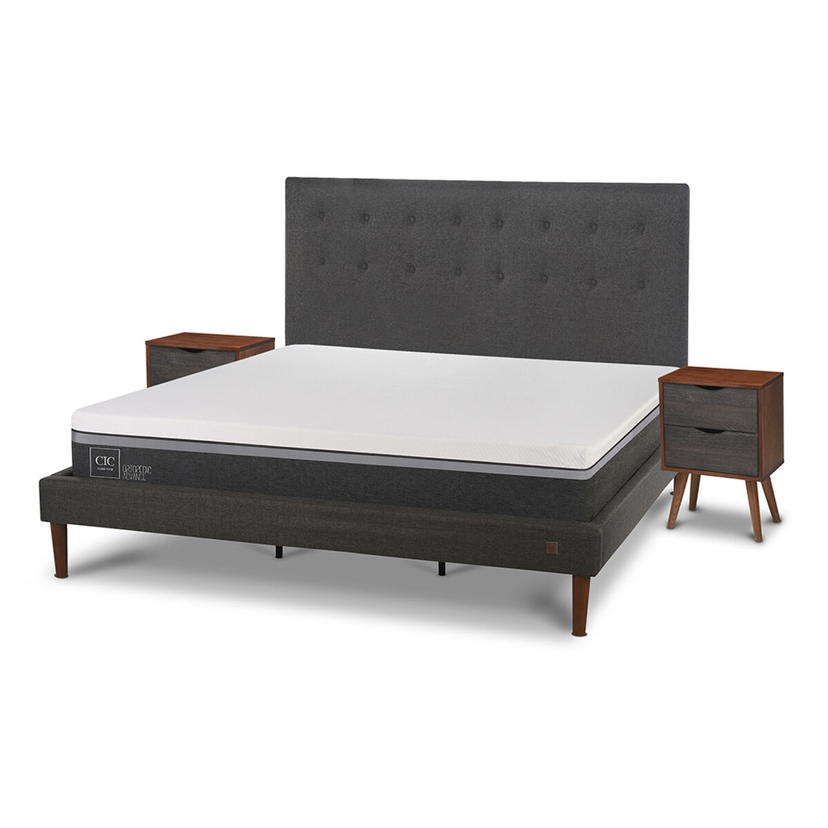 Cama Europea CIC King Ortopedic Advance + Respaldo Eufrates + 2 Veladores