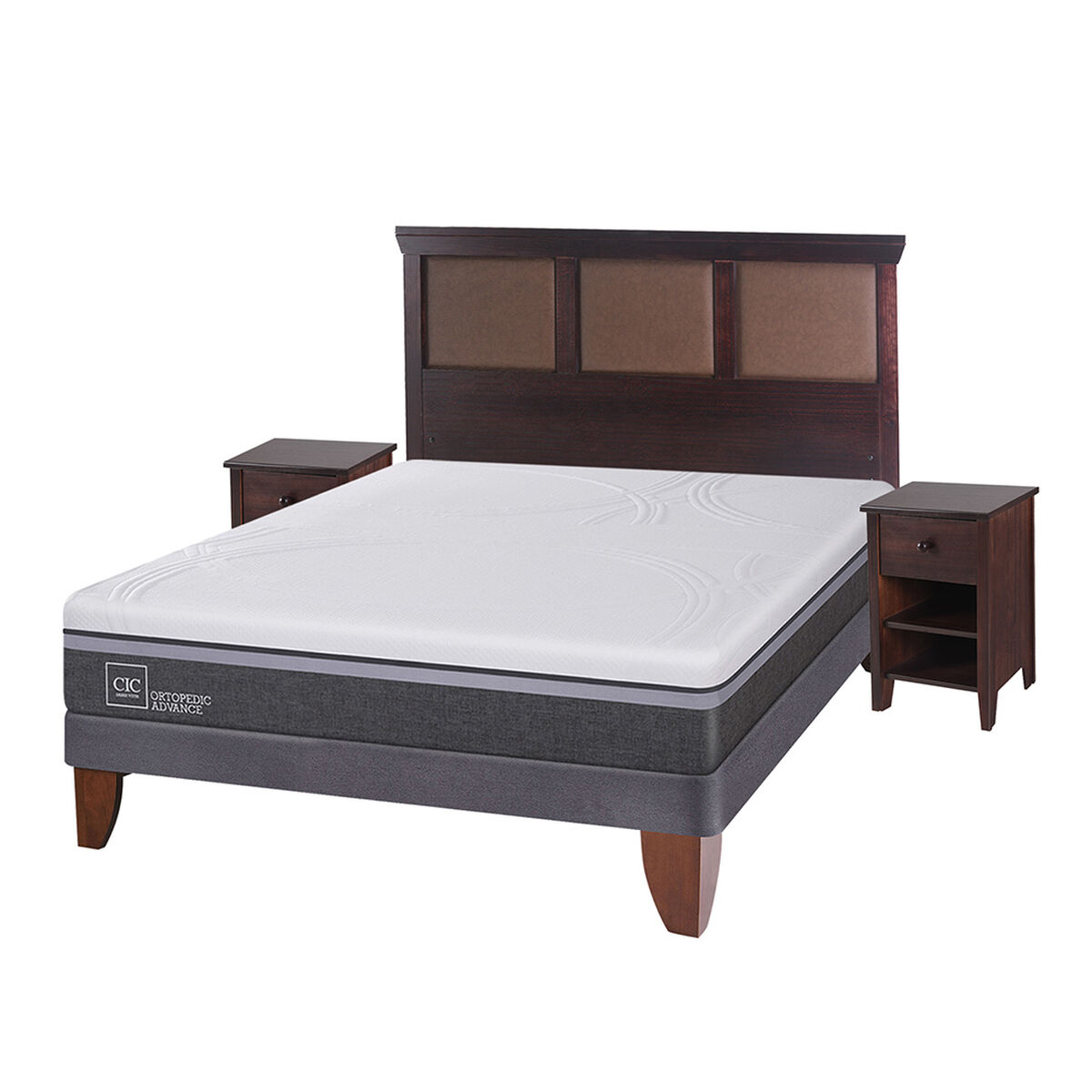 Cama Europea CIC 2 Plazas Ortopedic Advance + Respaldo + 2 Veladores New Torino Chocolate
