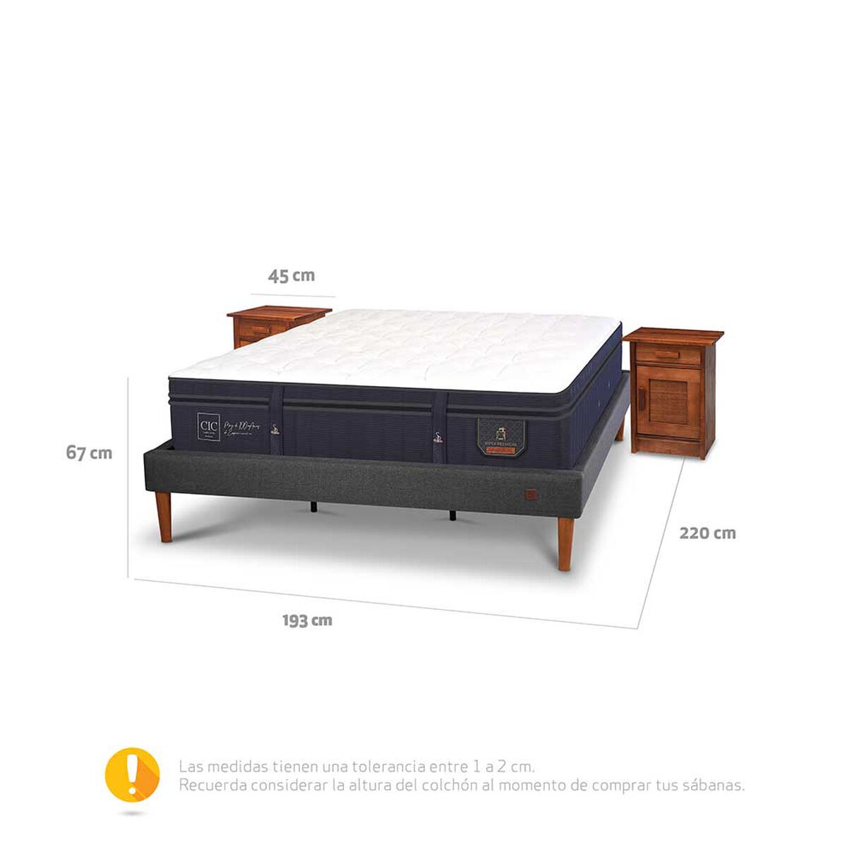 Cama Europea CIC King S&uacute;per Premium + Veladores