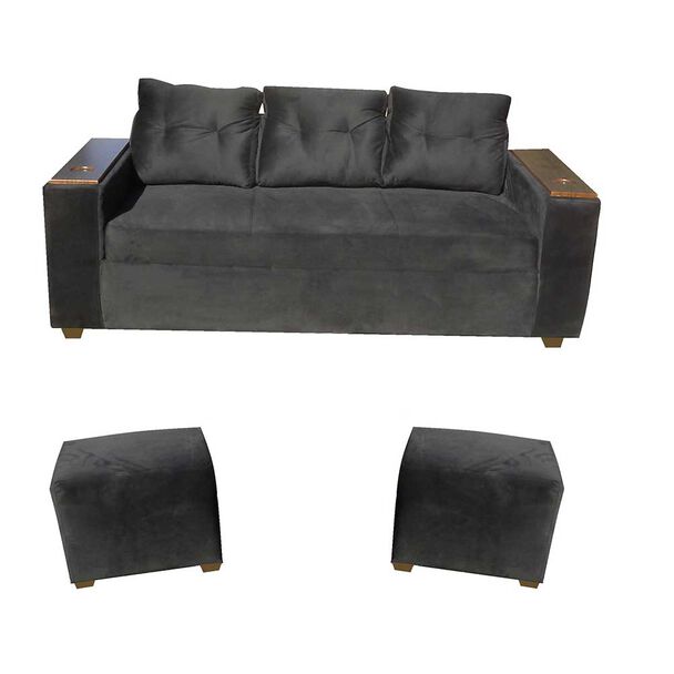 Sofá Almore Wilson Sofá 3 Cuerpos + Dos Pouf Negro
