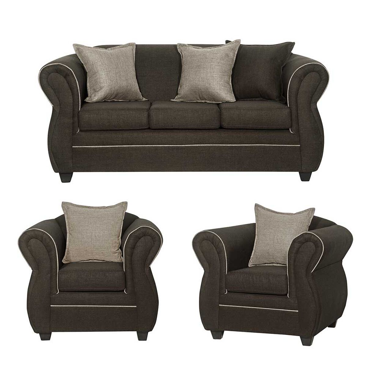 Juego de Living Black Factory Emili Sofá 3 Cuerpos + Dos Sillones 1 Cuerpo Café