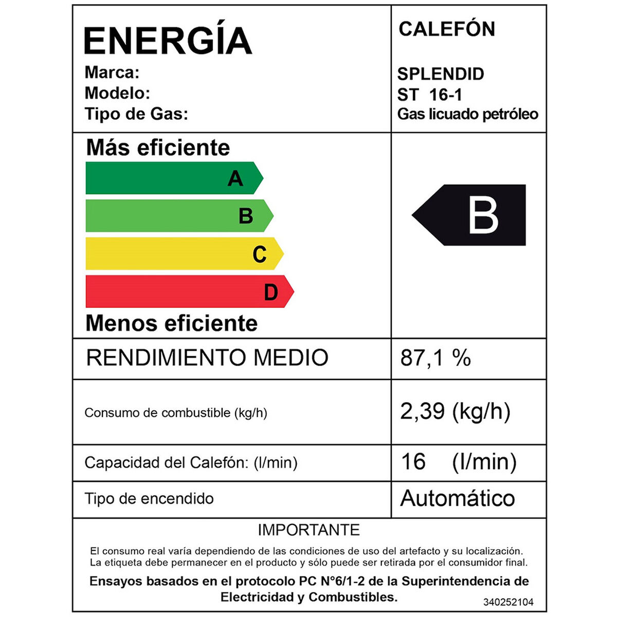 Calefont Gas Licuado Splendid Tiro Natural Templatech 16 lts.