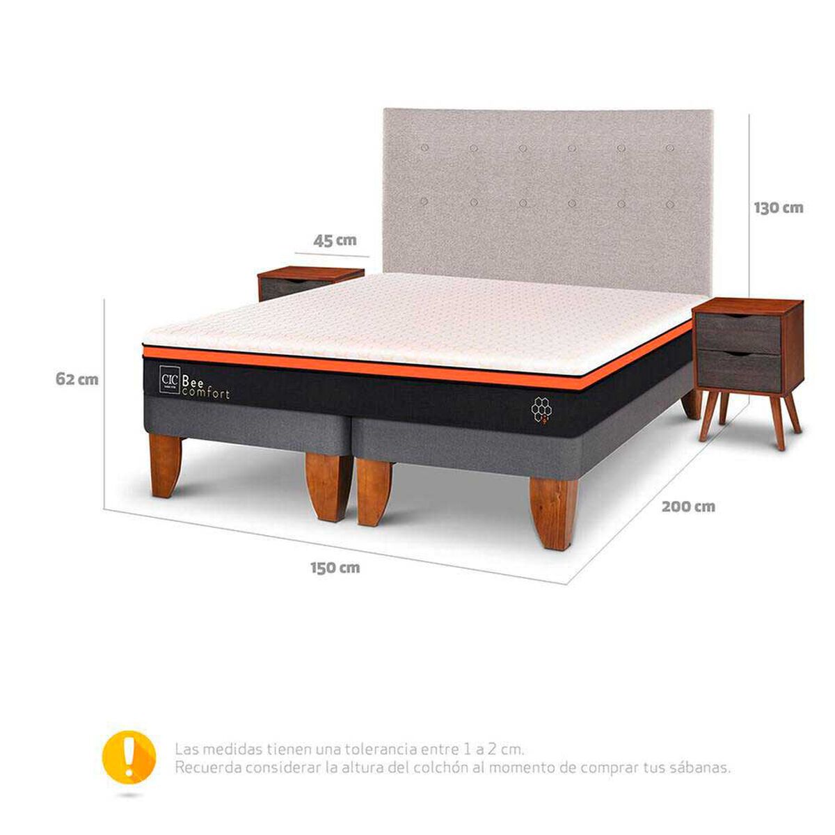 Cama Europea CIC Base Dividida 2 Plazas Bee Comfort + Respaldo + 2 Veladores