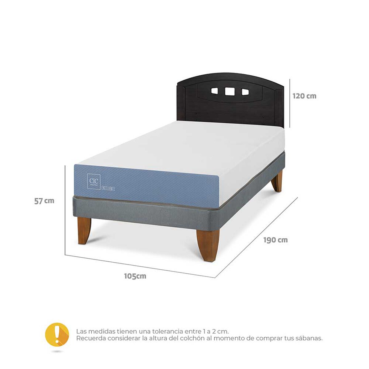 Cama Europea CIC 1,5 Plazas Excellence + Respaldo Gales Negro