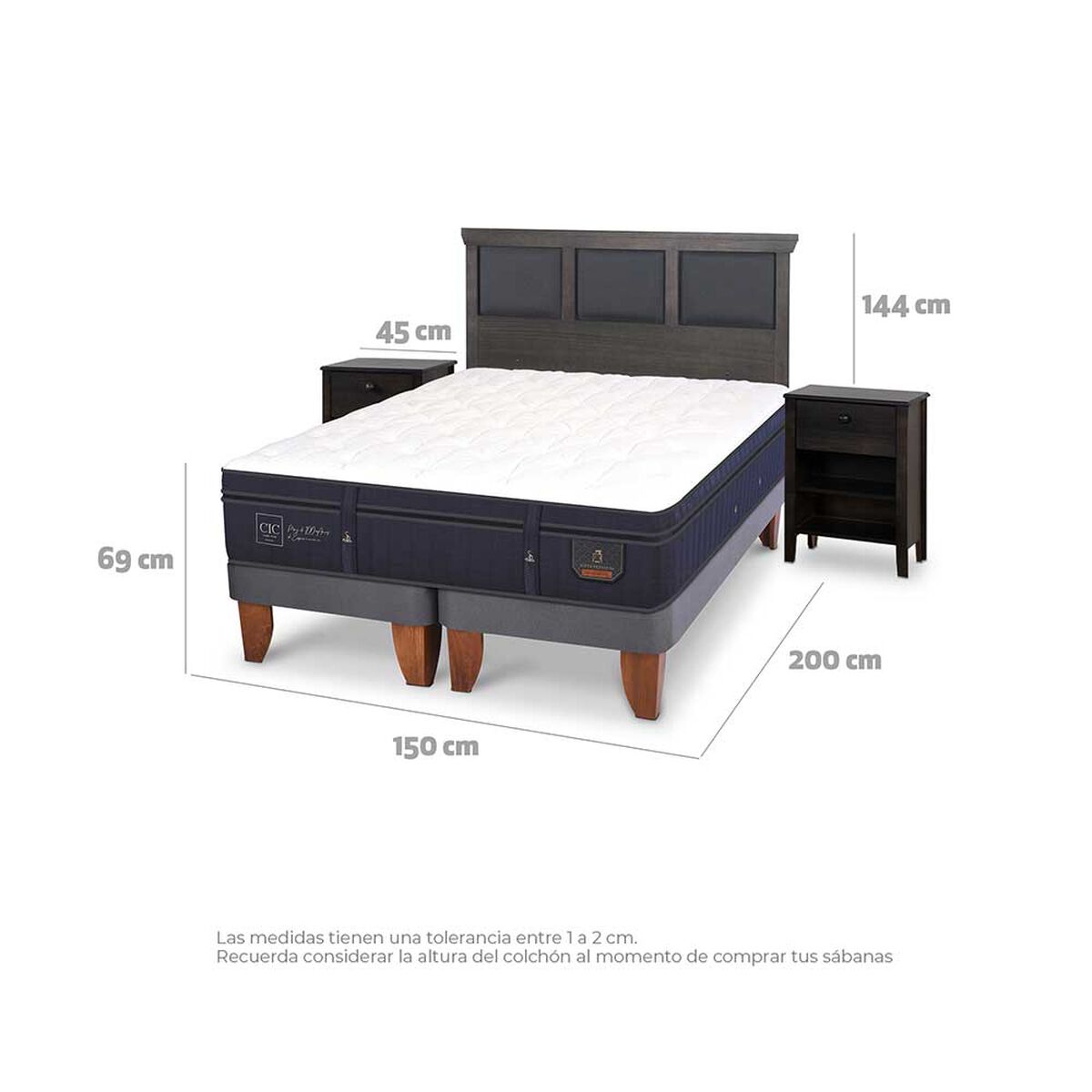 Cama Europea CIC Base Dividida 2 Plazas Súper Premium + Respaldo + 2 Veladores Torino