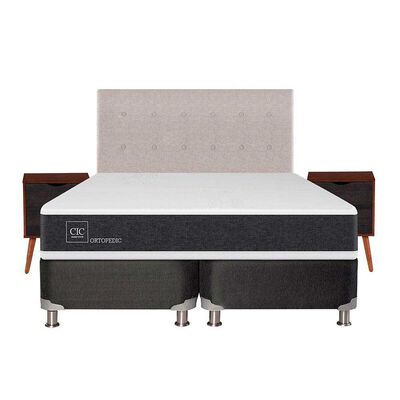 Box Spring CIC Base Dividida 2 Plazas New Ortopedic + Respaldo + 2 Veladores Tigris