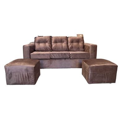 Juego de Living Kea Nize Felpa Sofá 3 Cuerpos + Dos Pouf 1 Cuerpo Café