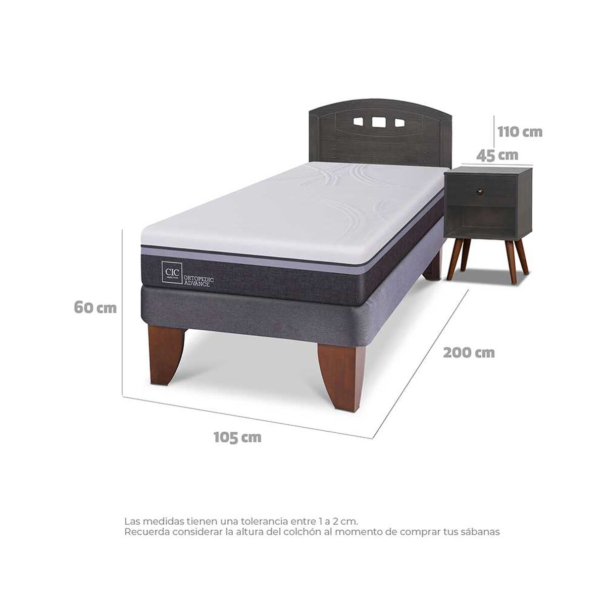 Cama Europea CIC 1,5 Plazas Ortopedic Advance + Respaldo + Velador Gales