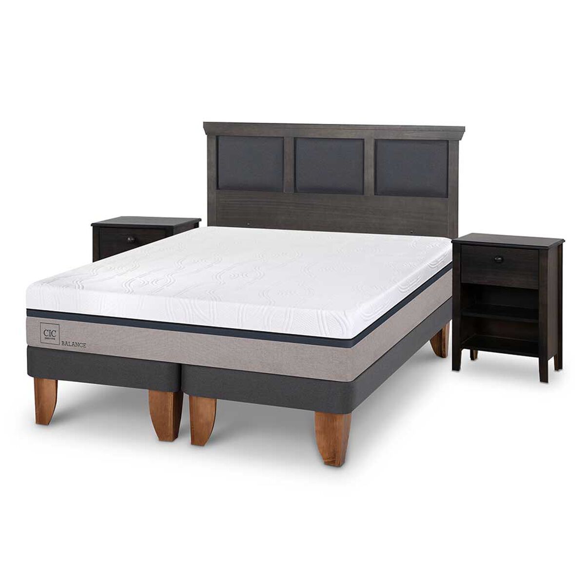 Cama Europea CIC Base Dividida King Balance + Respaldo + 2 Veladores Torino
