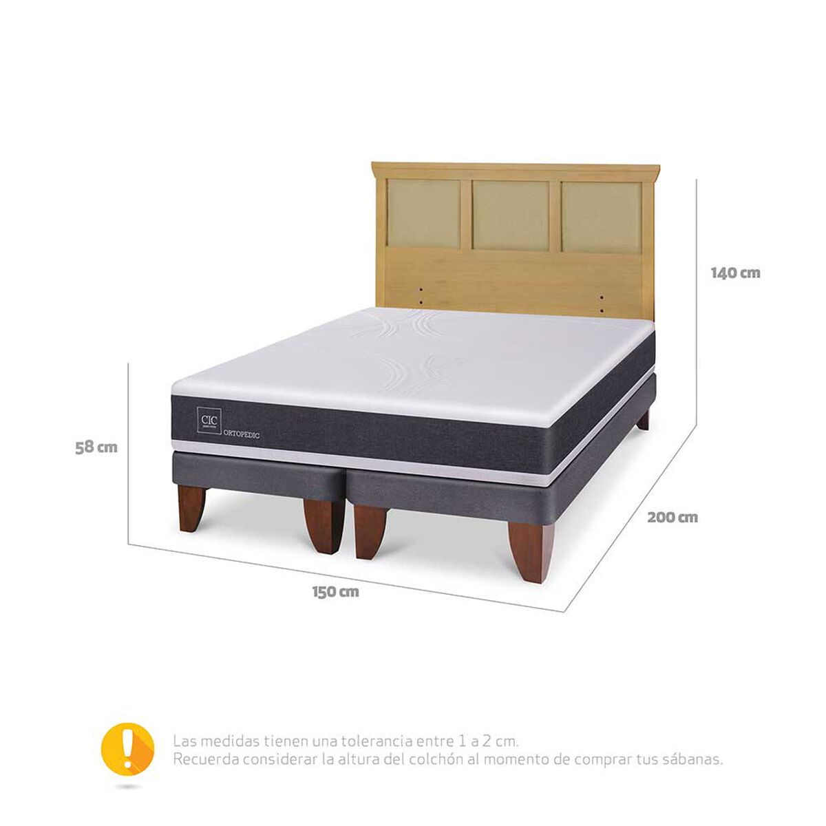 Cama Europea CIC Base Dividida 2 Plazas Ortopedic + Respaldo Torino Mostaza
