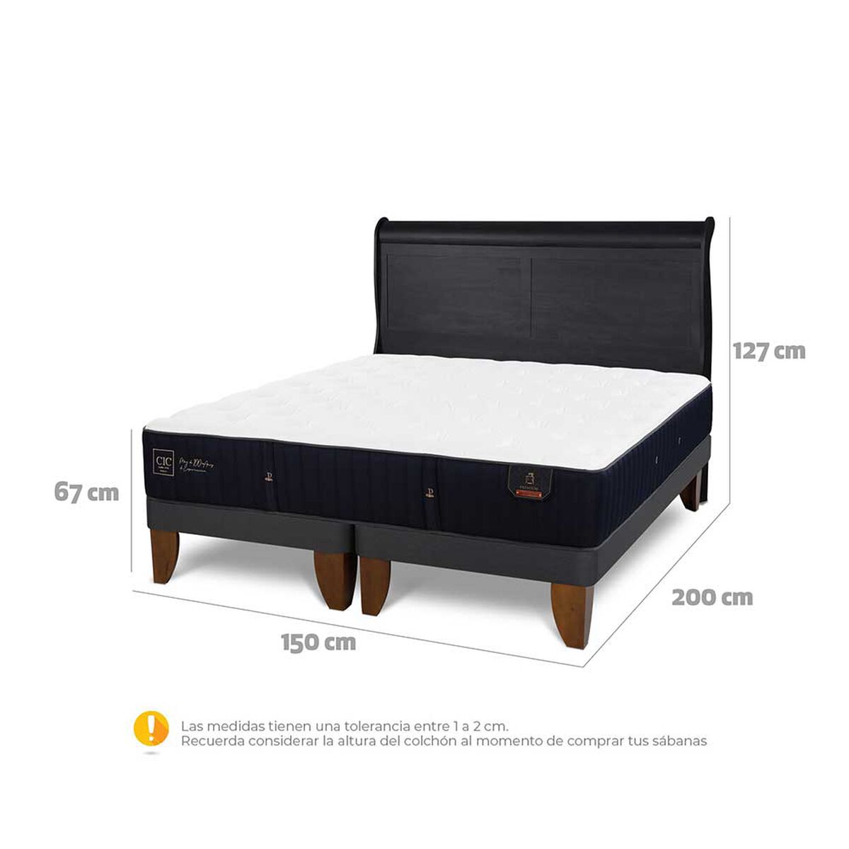 Cama Europea CIC Base Dividida 2 Plazas Premium + Respaldo Miro Negro