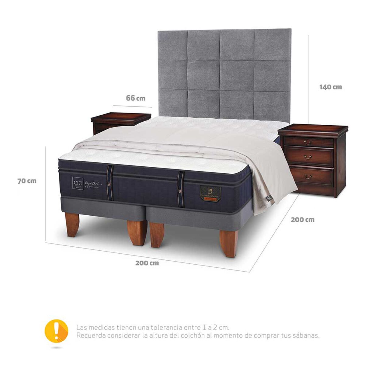 Cama Europea CIC Base Dividida S&uacute;per King Grand Premium + Respaldo + Veladores + Plum&oacute;n Ganso