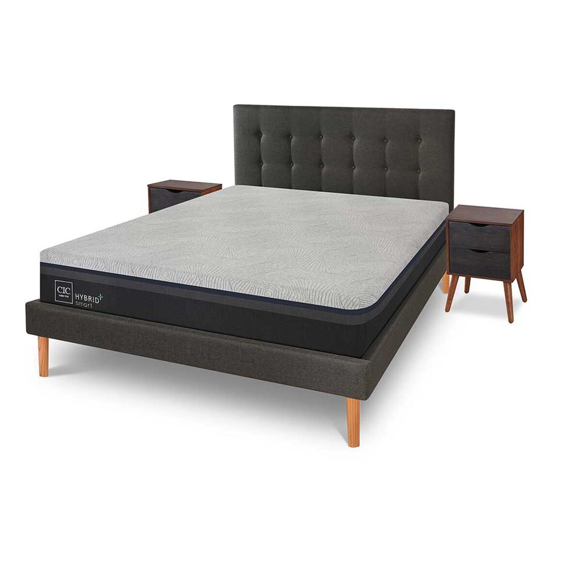 Cama Europea CIC 2 Plazas Hybrid Plus + Respaldo + 2 Veladores