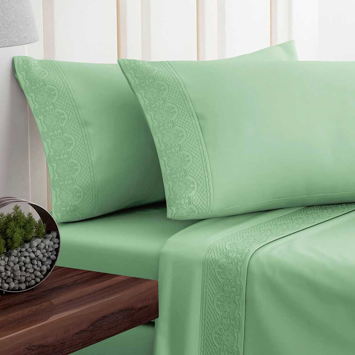 Juego de S&aacute;banas Doral 1,5 Plazas Santorini Liso Broderie Verde Agua