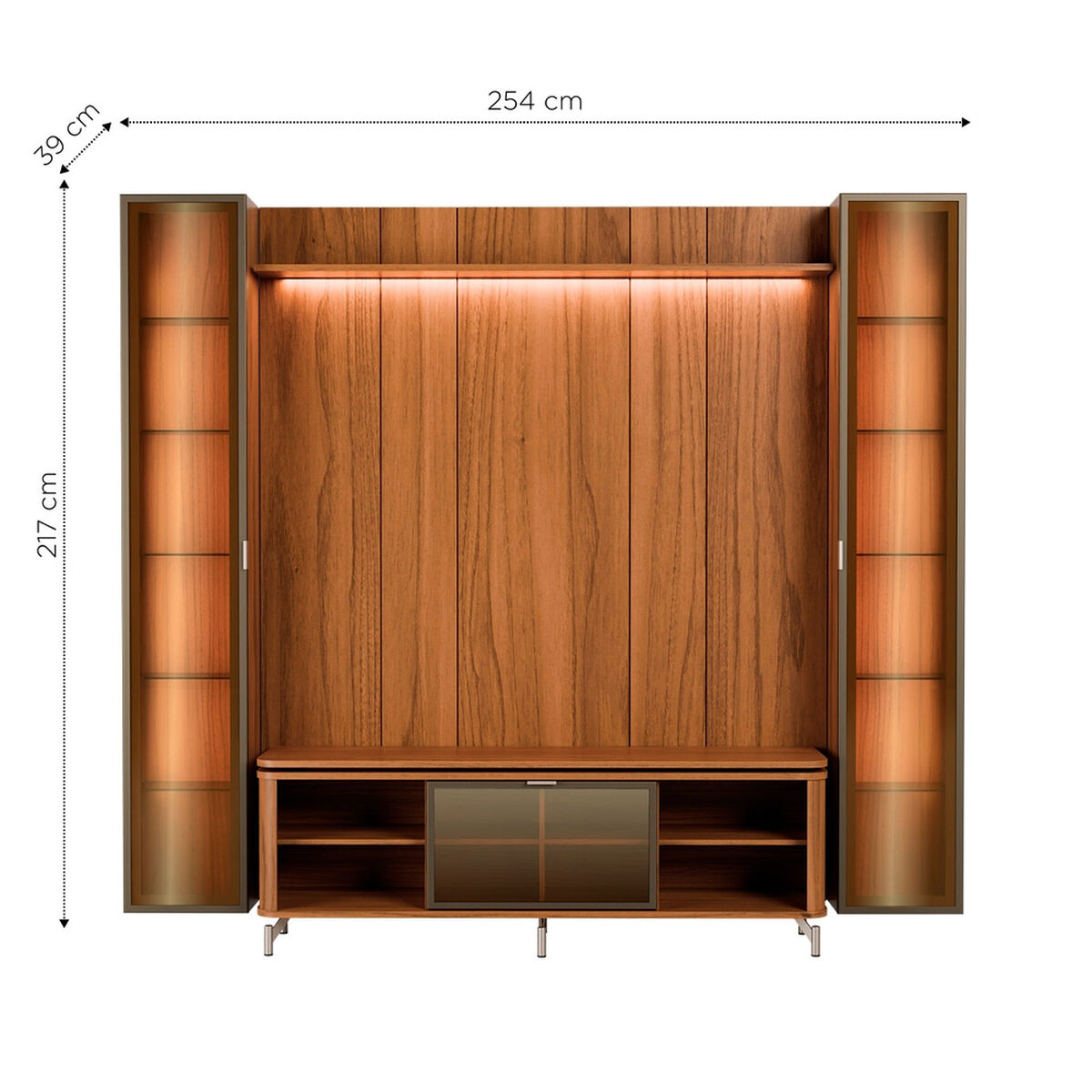 Rack TV 70" + Panel Neon Float Led + 2 Vitrinas Decocasa Canela