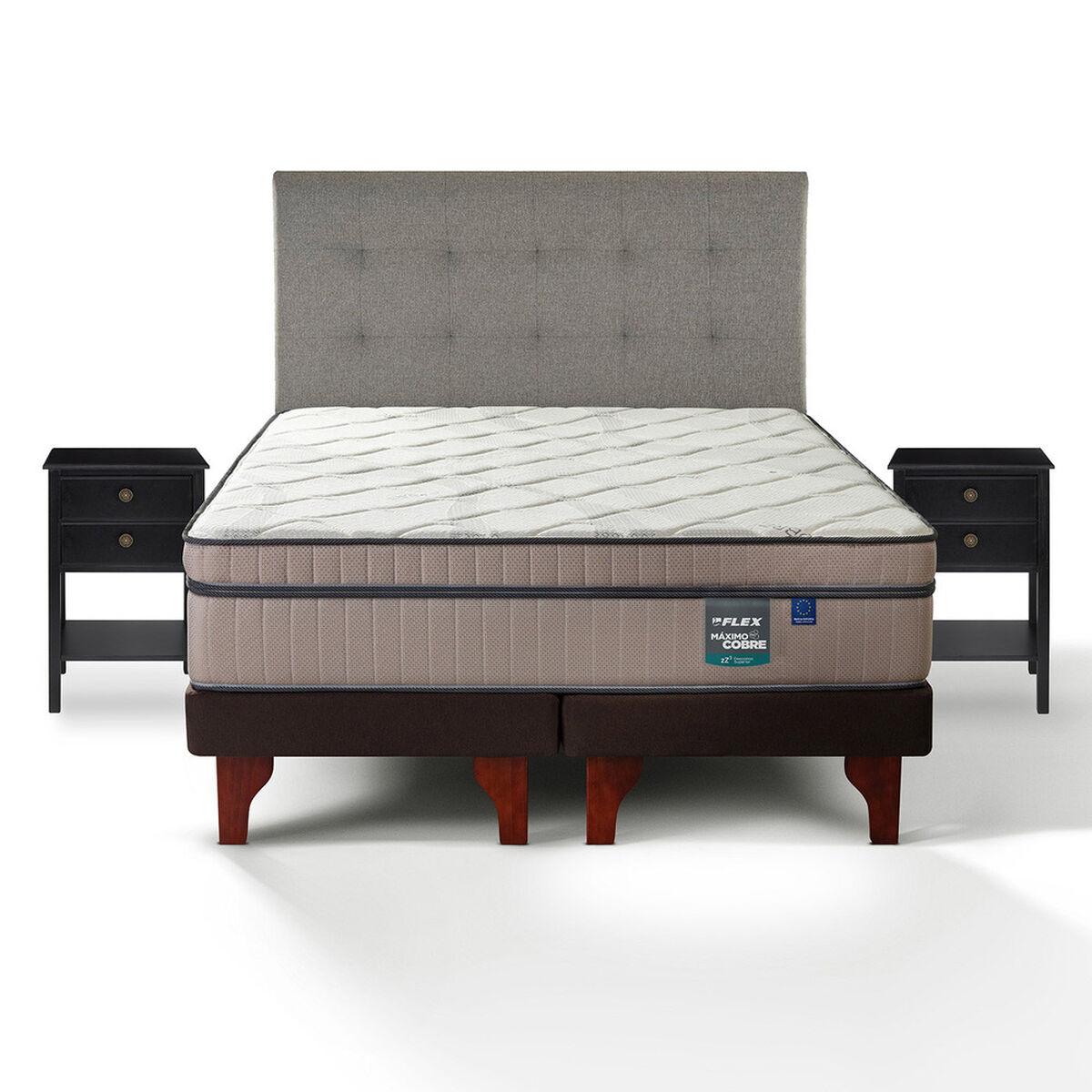 Cama Europea Flex Base Dividida King M&aacute;ximo Cobre + Respaldo Design Gris + 2 Veladores Rover