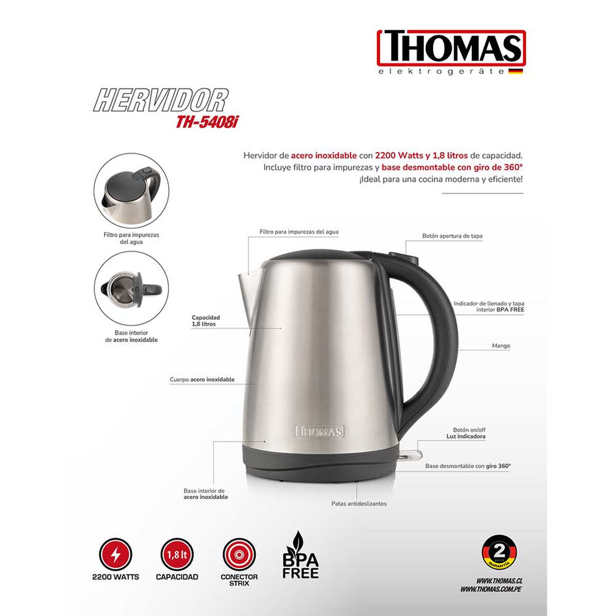 Hervidor Eléctrico Thomas TH-5408i 1,8 lts.
