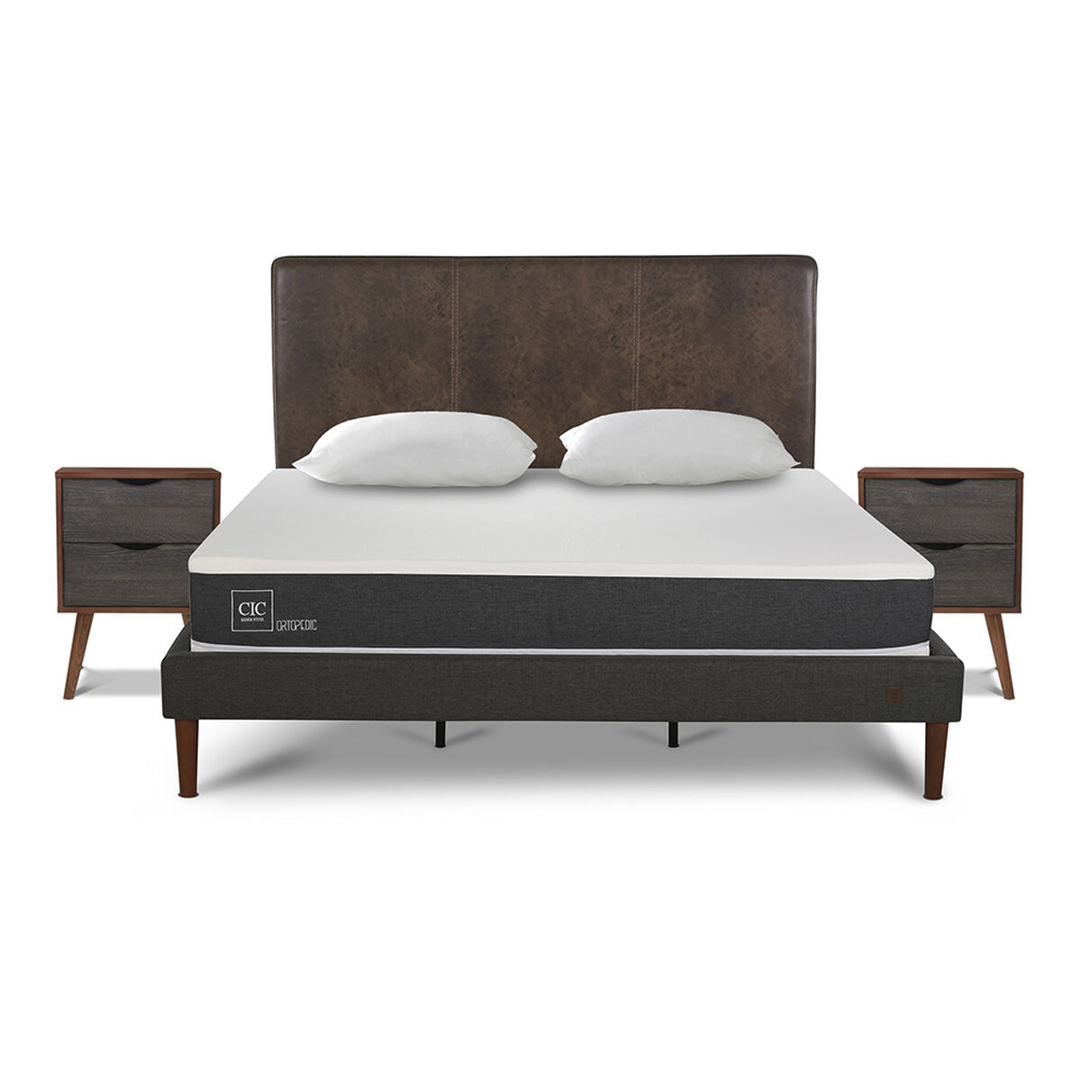 Cama Europea CIC King New Ortopedic + Respaldo Baker + 2 Veladores + Almohada Viscoel&aacute;stica
