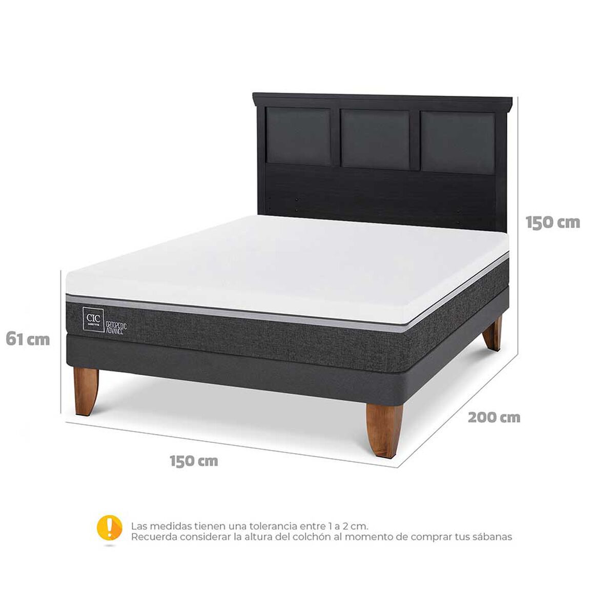 Cama Europea CIC 2 Plazas Ortopedic Advance + Respaldo Torino Negro