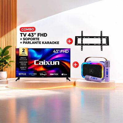 Combo Smart TV LED 43" Caixun FHD Roku C43V1FR + Soporte TV Fijo Kioto KT-TF86 Negro + Karaoke MLAB My LiL Voice Luz RGB 2 Micrófonos Inalámbricos Morado