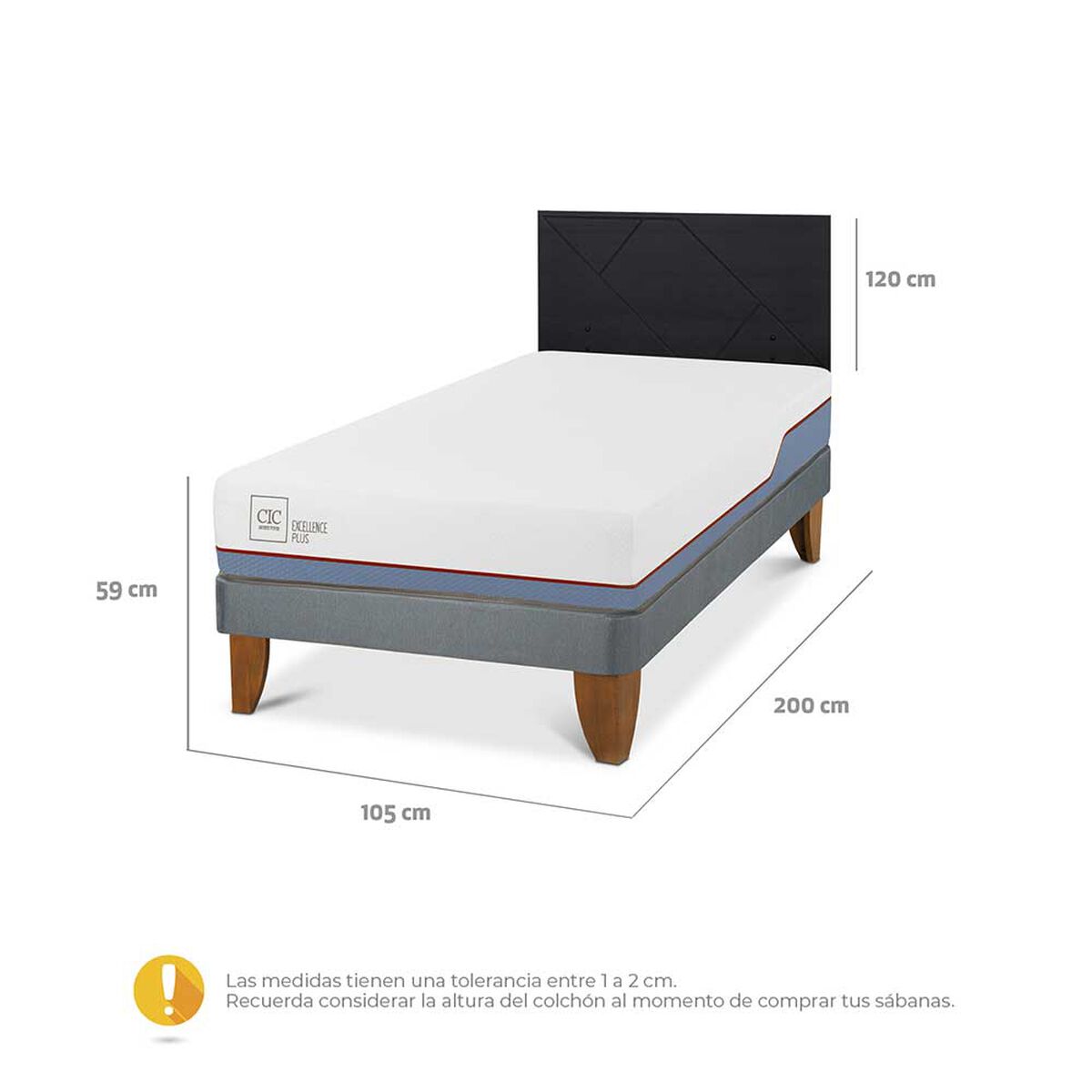 Cama Europea CIC 1,5 Plazas Excellence Plus + Respaldo Villarrica Negro