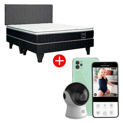 Combo Cama Europea Celta Base Dividida 2 Plazas Black Soul + Respaldo Gijón Acolchado + Celular Bmobile Dots Lava Blaze 64GB 6,5” Verde Liberado