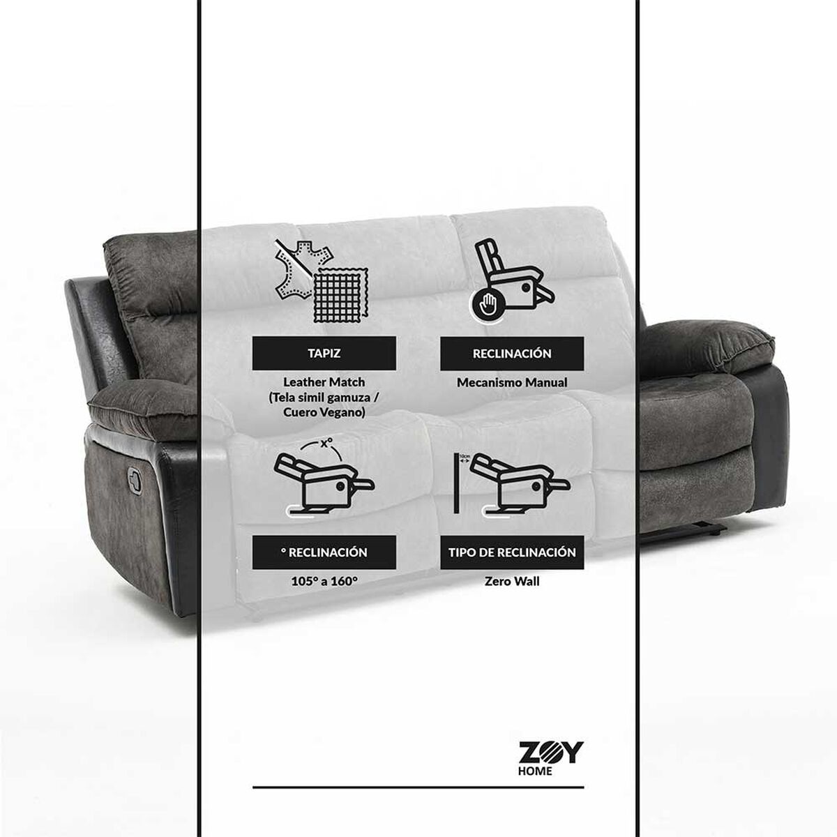 Sofá Reclinable Zoy Home Brunei 3 Cuerpos Negro