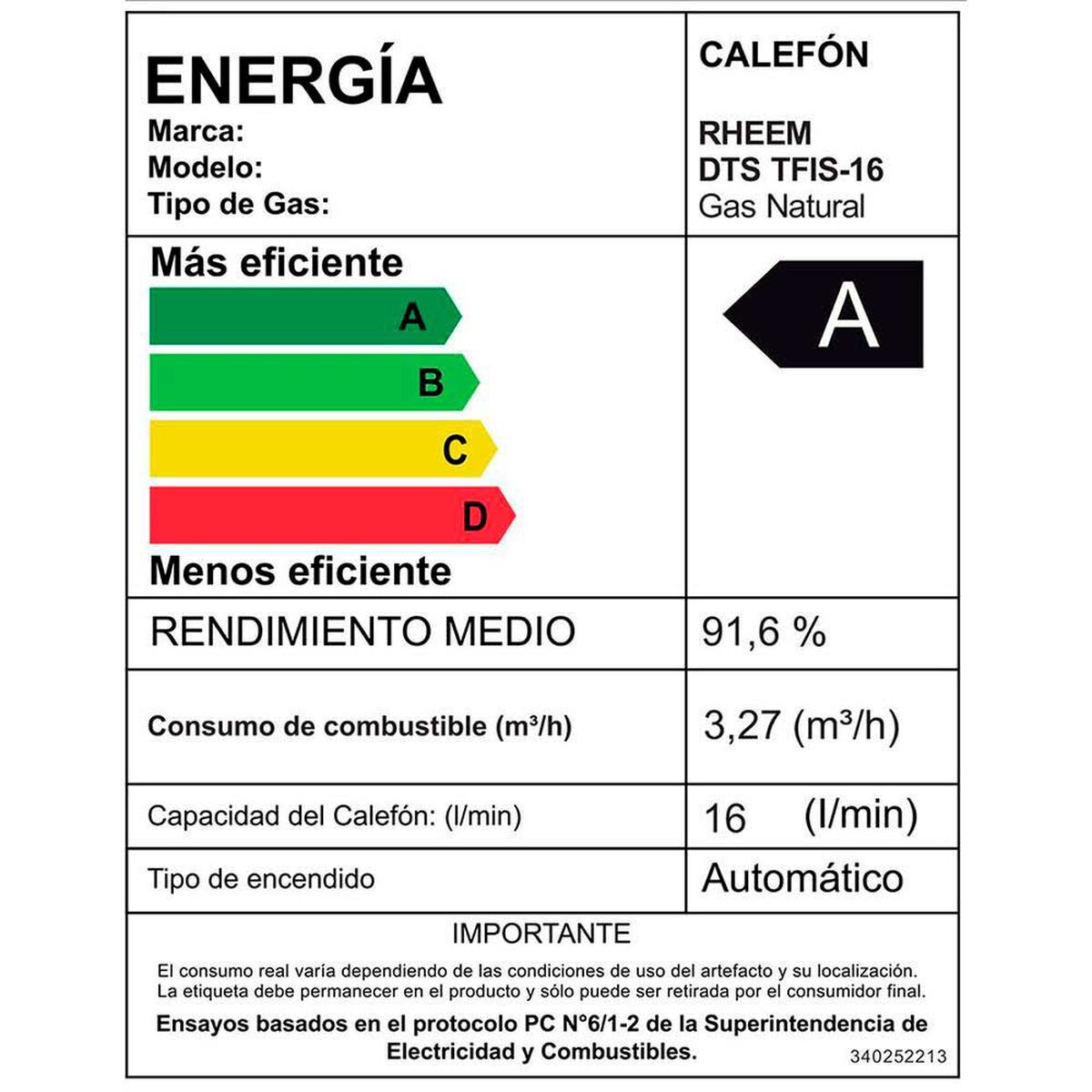 Calefont Digital Rheem Prestige 16 lts. Gas Natural