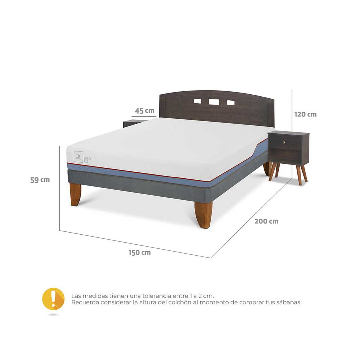 Cama Europea CIC 2 Plazas Excellence Plus + Respaldo + 2 Veladores Gales