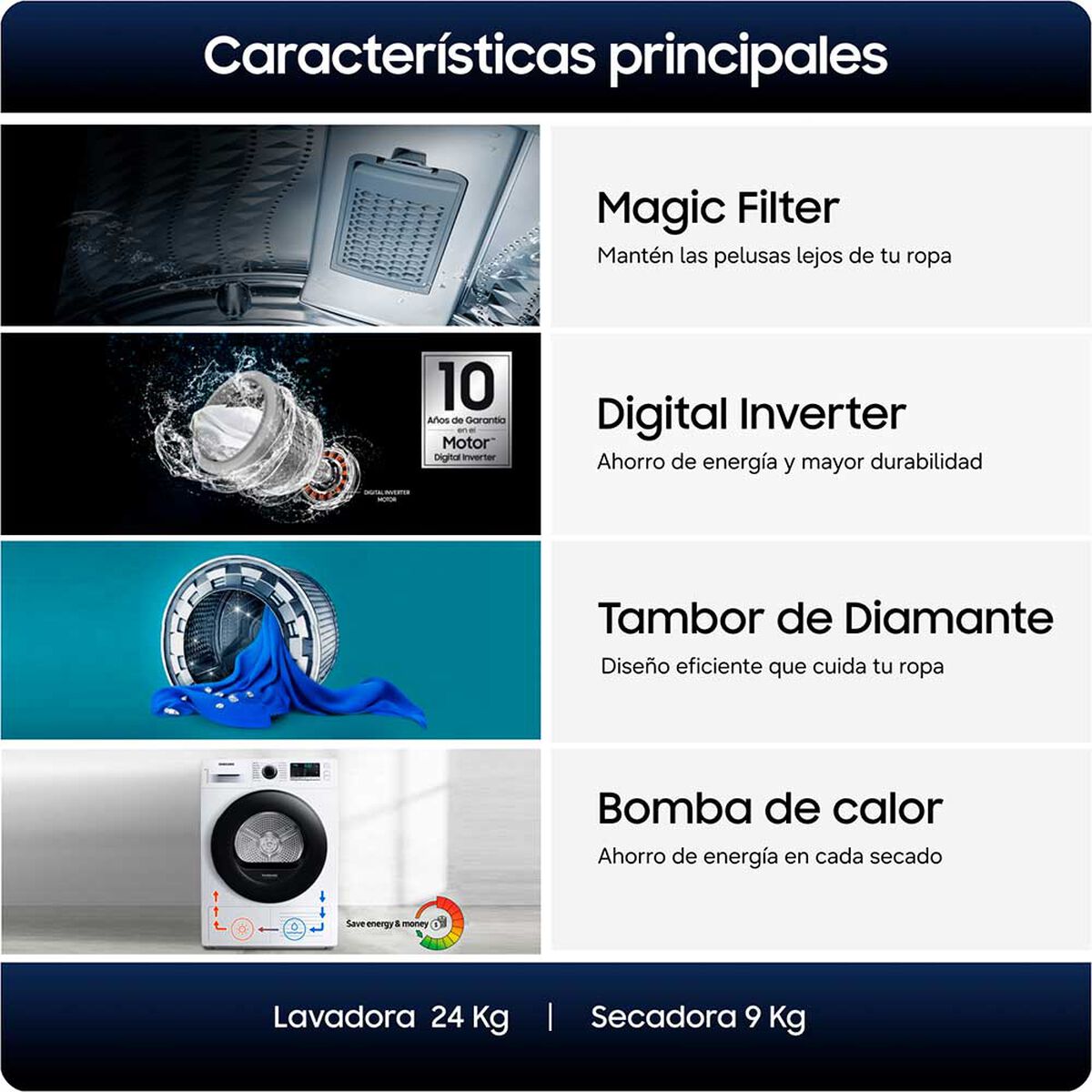 Lavadora Carga Superior Samsung 24 kg + Secadora Bomba de Calor 9 kg