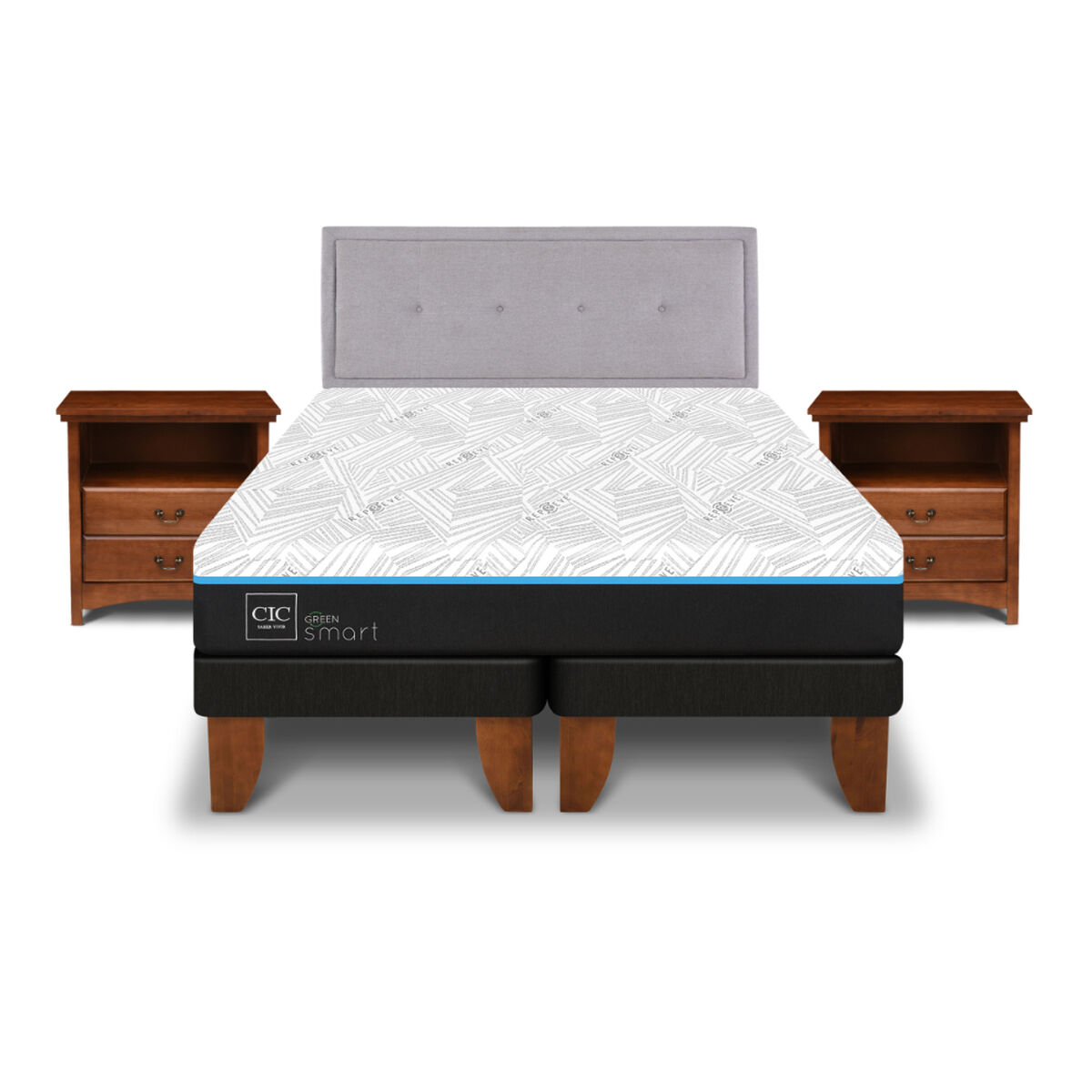 Cama Europea CIC Green Infinity 2 Plazas + 1 Respaldo + 2 Veladores Ganges