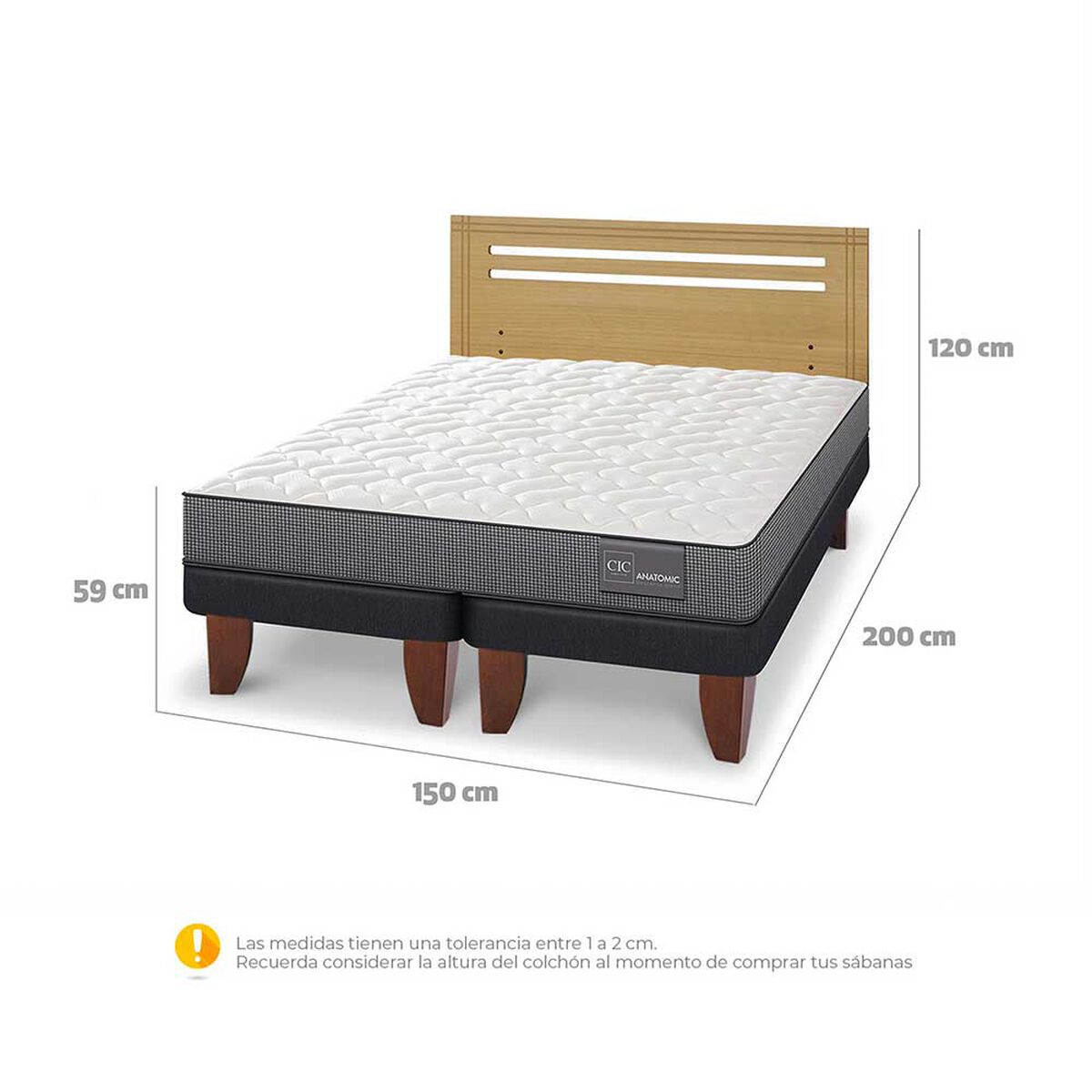 Cama Europea CIC Base Dividida 2 Plazas Anatomic + Respaldo Munich Mostaza