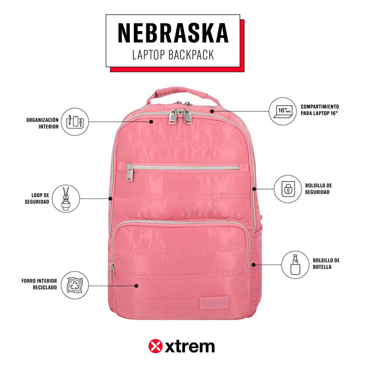 Mochila Notebook Xtrem Nebraska 5XT Rosado/Plateado 16"